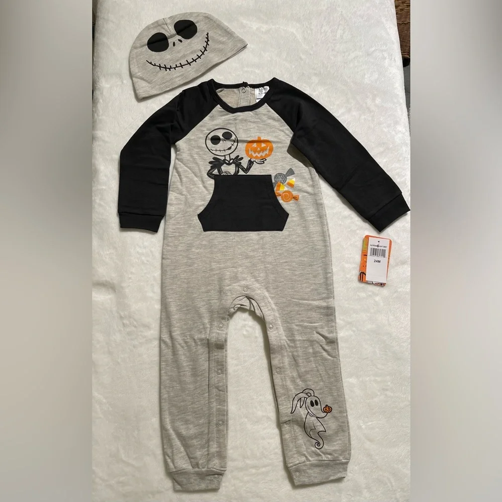 Disney Nightmare Before Christmas Baby Coverall with Hat Set Black & Gray NWT